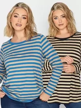 Image of Yours Long Sleeve Stripe Tee 2 Pack Blue Oat & Black Oat, Blue, Size 38-40, Women