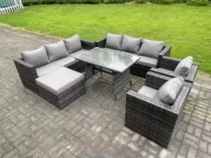 Image of Fimous 8 Seater Outdoor Dark Grey Rattan Lounge Complete Sofa Set with Patio Dining Table and Big Footstools