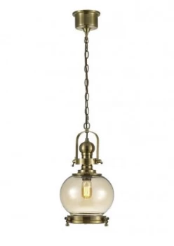 Image of Small Globe Ceiling Pendant E27 Antique Brass, Cognac Glass