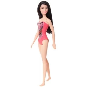 Image of Barbie Doll Beach Black Hair Doll with Pink Graphic Swimsuit