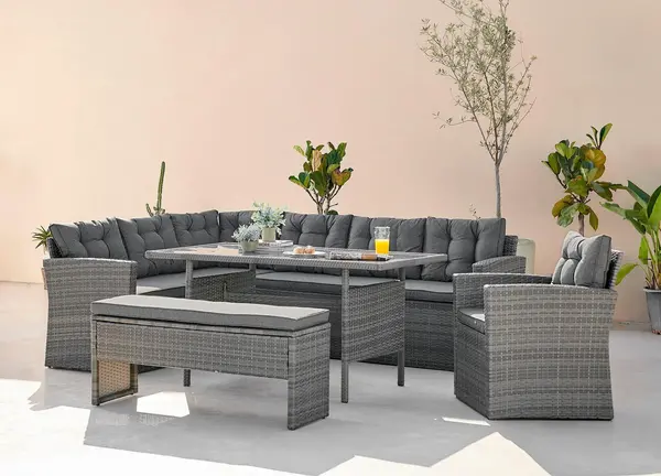 Image of FurnitureboxUK MARBELLA 9 Seat PE Rattan Outdoor Patio Garden Sofa And Tressel Dining Table Set With Water Resistant Cover Grey