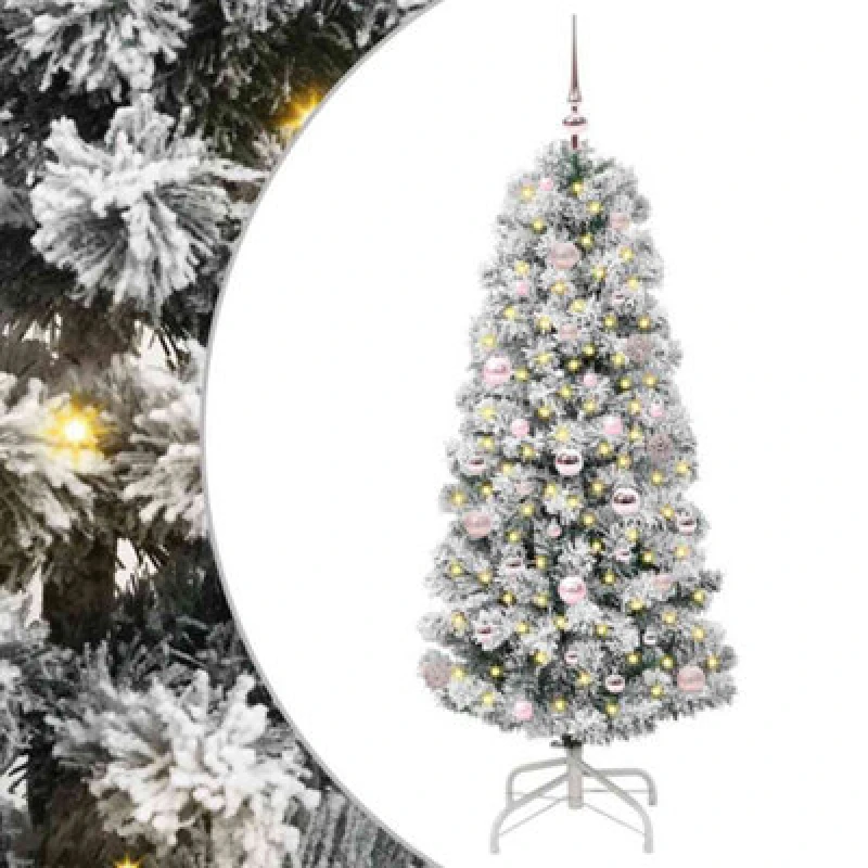 Image of vidaXL Artificial Hinged Christmas Tree with Pink Balls Green and white 150 cm, Green 3395588