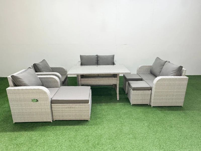 Image of Fimous 9 Seater Outdoor Reclining Chair Love Sofa Set Rattan Garden Furniture Set with Rectangular Dining Table 3 Stools Light Grey Light Grey