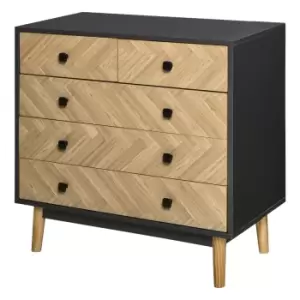 Image of Homcom 5 Drawer Chest With Square Metal Handles Herringbone Wood Pattern Black Frame