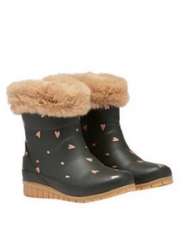 Image of Joules Girls Heart Faux Fur Tipped Wellies - Green, Size 1 Older