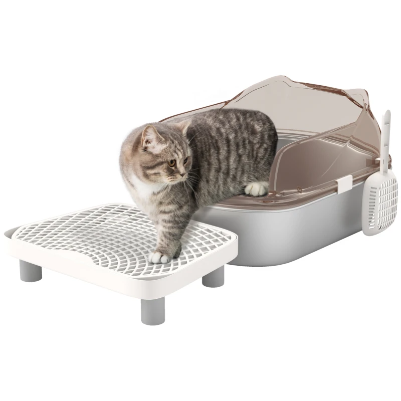 Image of PawHut Stainless Steel Litter Box, Cat Litter Tray w/ Lid, Pedal, Scoop, Grey D31-129V01CG