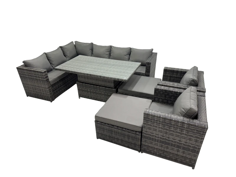 Image of Fimous 10-seater Rattan Garden Furniture Dining Set with 2 Big Stools in Dark Grey Dark Grey Unisex