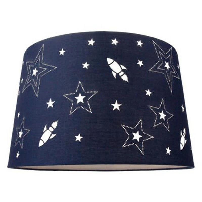 Image of Happy Homewares Fun Rockets And Stars Childrens/kids Blue Cotton Bedroom Pendant Or Lamp Shade
