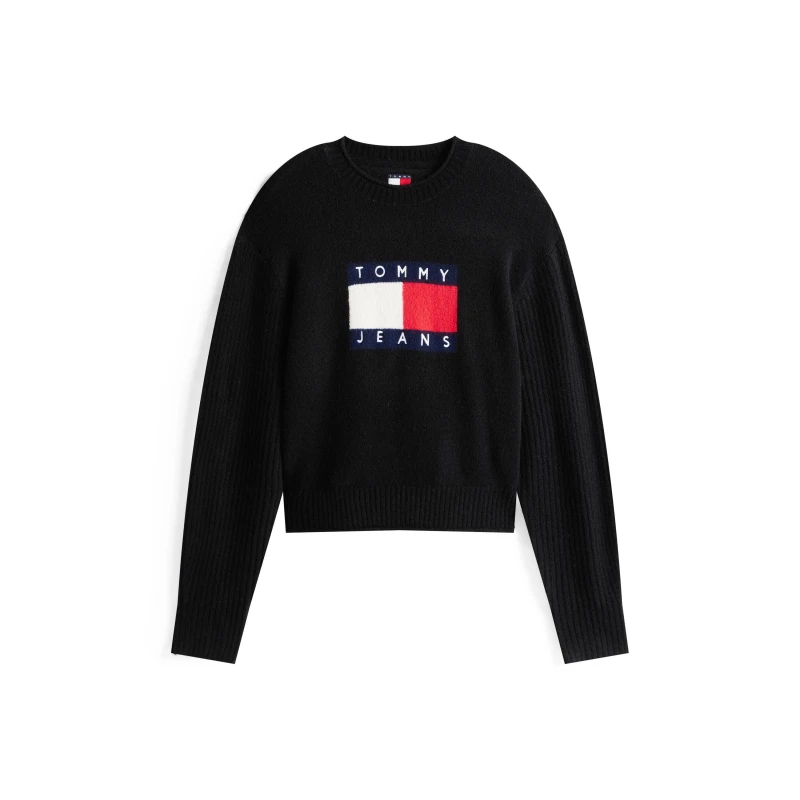Image of Tommy Jeans Womens Large Flag Cable Knit Jumper Black Htr female 8 (XS)