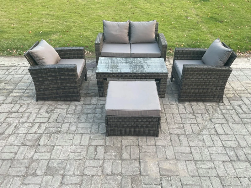 Image of Fimous Outdoor Rattan Garden Furniture Set 5 Seater Patio Lounge Sofa Set with Coffee Table Big Footstool in Dark Grey Dark Grey Unisex