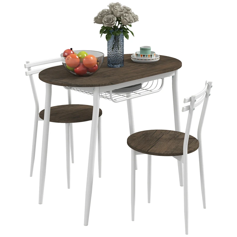 Image of HOMCOM 3 Piece Dining Table and Chairs Set, Oval Kitchen Table with 2 Chairs, with Wire Storage Shelf and Steel Frame, Natural Aosom UK