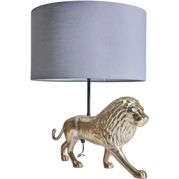 Image of Brass Lion Design Table Lamp with Fabric Lampshade - Dark Grey