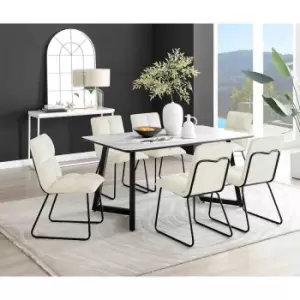Image of Furniture Box Carson White Marble Effect Dining Table and 6 Cream Menen Chairs