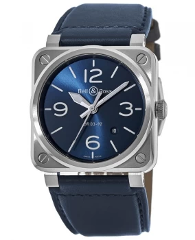 Image of Bell & Ross BR 03-92 Blue Steel Leather Strap Mens Watch BR0392-BLU-ST/SCA BR0392-BLU-ST/SCA