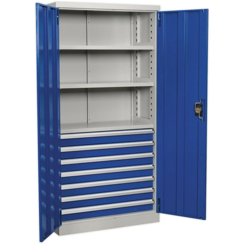 Image of Loops 1800mm Double Door Industrial Cabinet - 7 Drawers & 3 Shelves - 3 Point Lock Multi