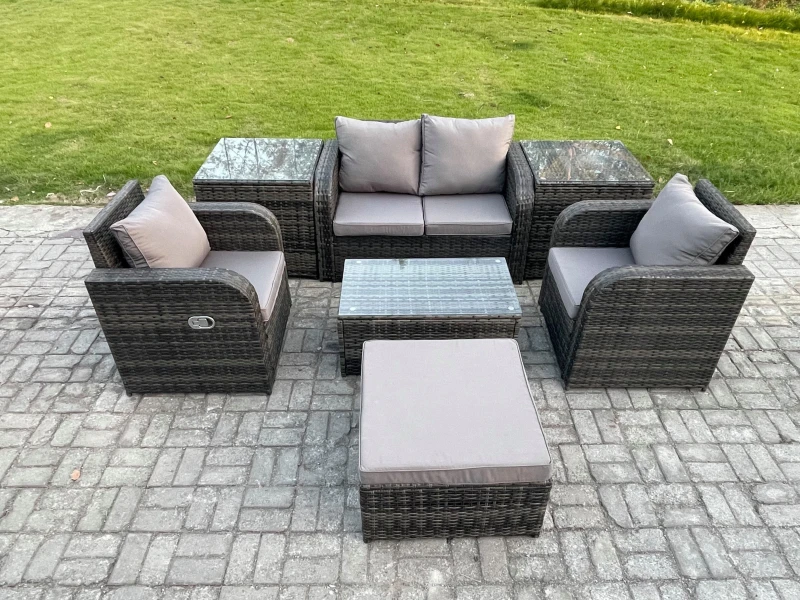 Image of Fimous Wicker PE Rattan Outdoor Furniture Set Garden Love Sofa Coffee Table 2 Armchair 2 Side Tables Footstool Dark Grey Mixed Dark Grey