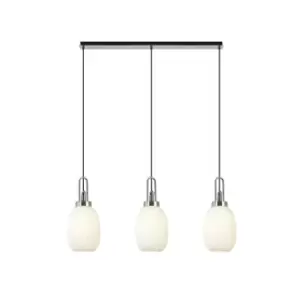 Image of Yorktown Linear 3 Light Ceiling Pendant E27 With 20cm Almond Ribbed Glass, Opal Polished Nickel, Matt Black