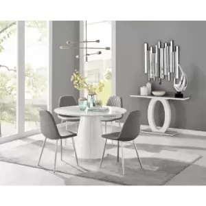 Image of Furniturebox Palma White High Gloss 4 Seat Minimalist Post Modern Round Dining Table & 4 Grey Corona Faux Leather Dining Chairs with Silver Legs
