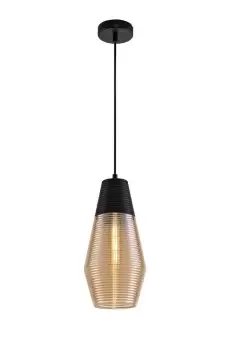 Image of Single Cone Ceiling Pendant 1 Light E27, Black, Amber Glass