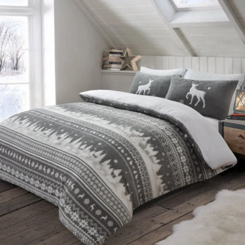 Image of Velosso Nordic Teddy Warm & Cosy Duvet Cover & Pillowcase Set in Grey Size: Double Grey Unisex Double