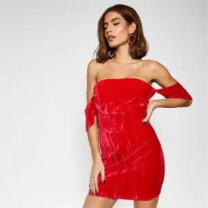 Image of I Saw It First Textured Velvet Drape Shoulder Bodycon Dress - Red