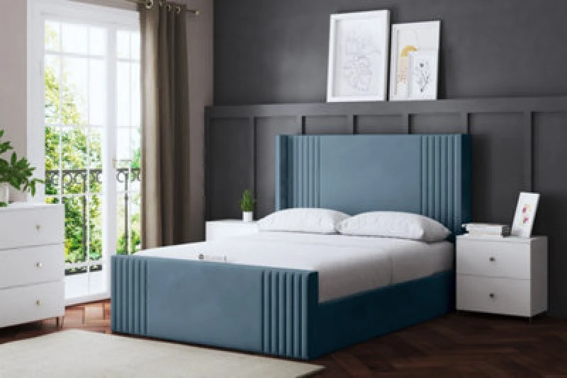 Image of DS LIVING Elara Winged Blue Upholstered Bed Double AM_DVNSHRE_DBL_BLU
