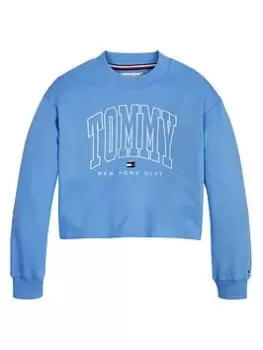 Image of Tommy Hilfiger Girls Bold Varsity Cropped Crew Sweat - Blue Size Age: 8 Years, Women