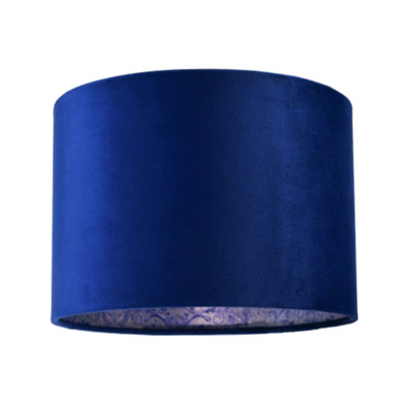 Image of Happy Homewares Deep Sea Blue Velvet Drum Lamp Shade With Inner Floral Pattern Lining