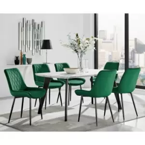 Image of Andria Black Leg Marble Effect Dining Table and 6 Green Pesaro Black Leg Chairs - Green