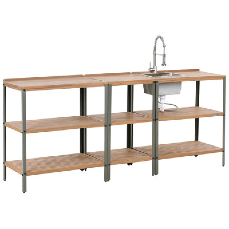 Image of Beliani 3 Piece Outdoor Kitchen Set With Sink Ivrea Certified Acacia Wood Brown/ Silver, Brown 624657