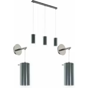 Image of Ceiling Pendant Light & 2x Matching Wall Lights Satin Nickel & Clear Glass Shade