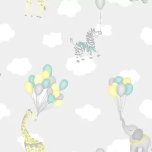 Image of Kids Childrens Animal Balloons Playroom Wallpaper - Grey 91041 - Holden Decor