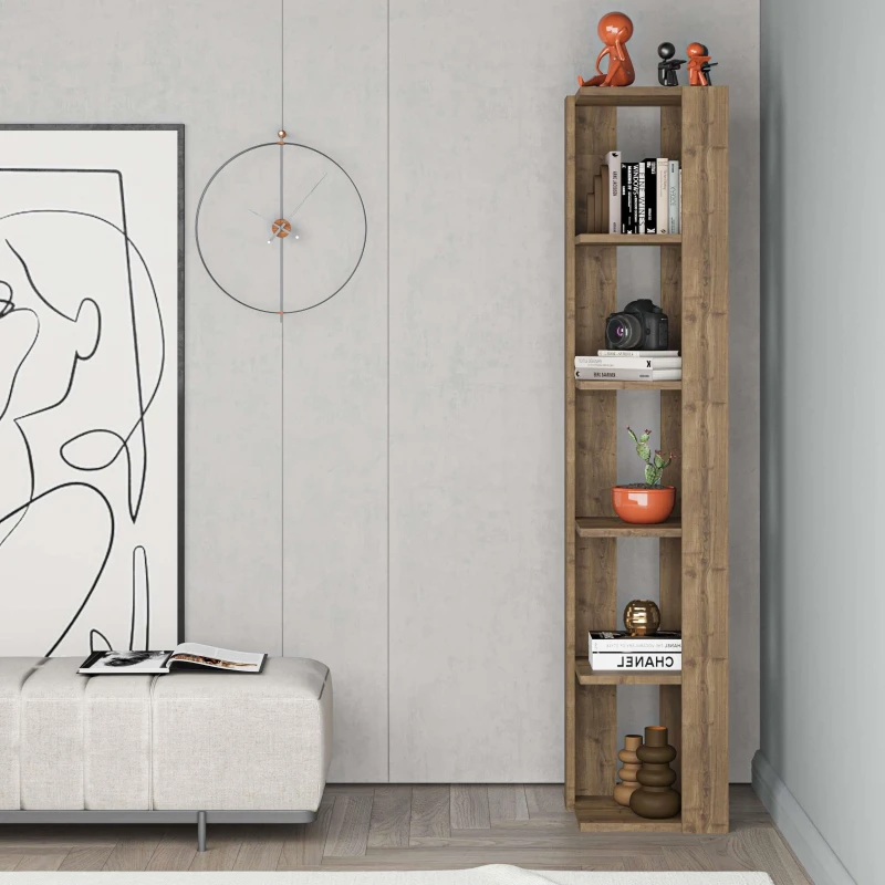 Image of Decortie Corner Bookshelf Unit 34X161Cm Wall-mounted Bookcase, Particleboard, Dark Oak Effect, Brown 8683628012369