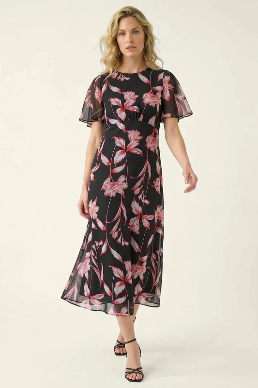 Image of Roman Womens Leaf Print Back Tie Midi Dress in Black Size: 18 Black Female 18