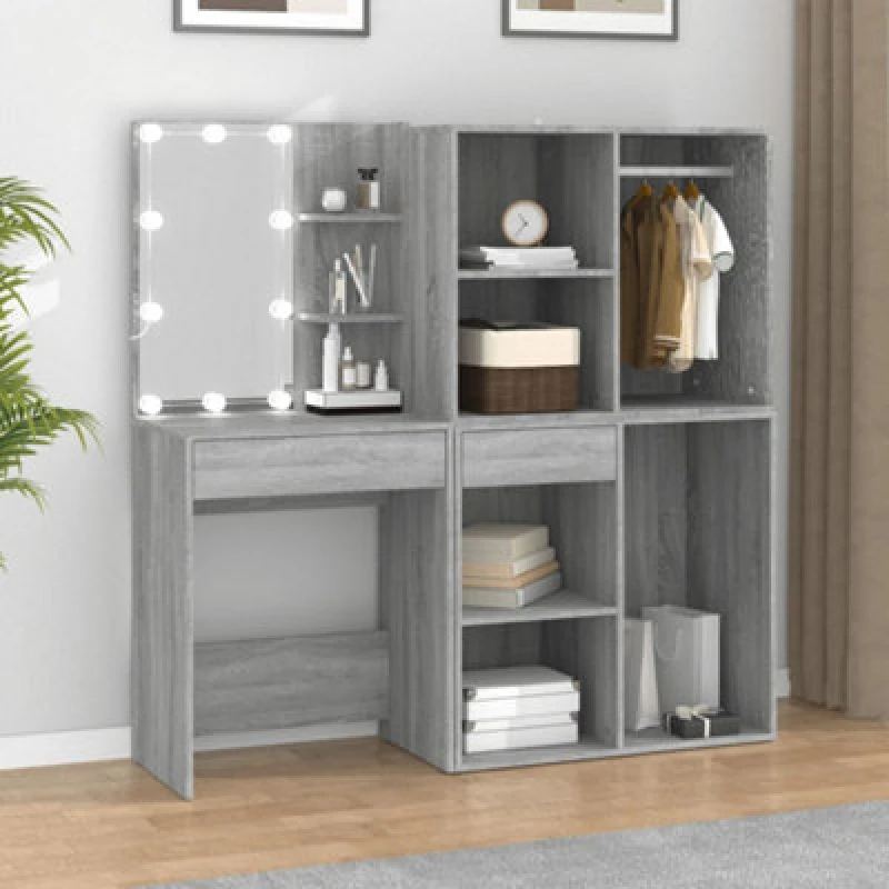 Image of vidaXL LED Dressing Table with Cabinets Grey Sonoma Engineered Wood, Grey 3120189