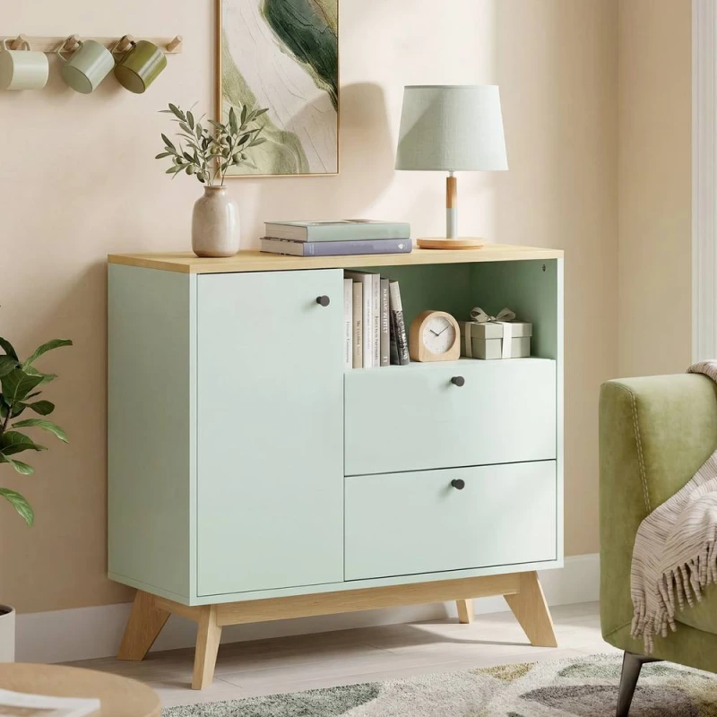 Image of HOMCOM Sideboard, 80cm Buffet Cabinet with 2 Drawers, Light Green & Oak Light Green Unisex
