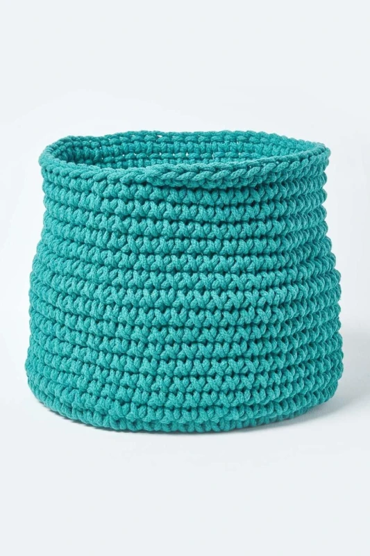 Image of Homescapes Cotton Knitted Round Storage Basket, 42 x 37cm Green