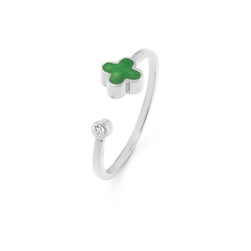 Image of Say It With Green Crystal Clover Ring - Silver Size: Adjustable Silver Unisex Adjustable