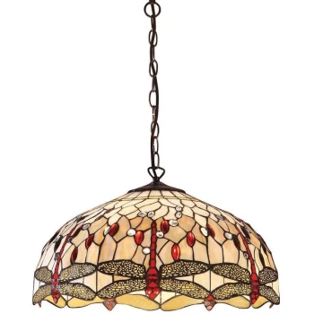 Image of Interiors 1900 Lighting - Interiors Dragonfly Beige - 3 Light Large Ceiling Pendant Bronze, Beige, Dragonfly Tiffany Glass, E27