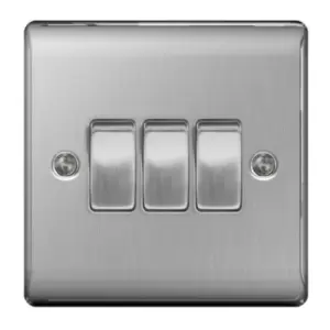 Image of BG Brushed Steel 3 Gang 2 Way Light Switch - NBS43 - 216649