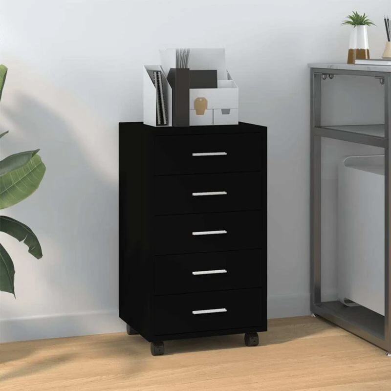 Image of vidaXL Drawer Cabinet With Castors Black Engineered Wood, Black 342671