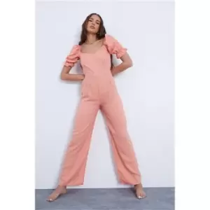 Image of I Saw It First Rose Linen Look Puff Sleeve Wide Leg Jumpsuit - Pink