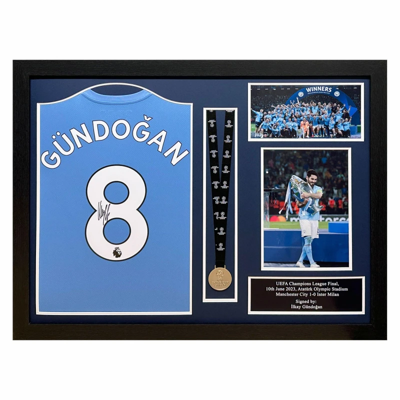 Image of AllStarSignings Ltd Ilkay Gundogan signed framed Manchester City shirt Blue unisex One Size