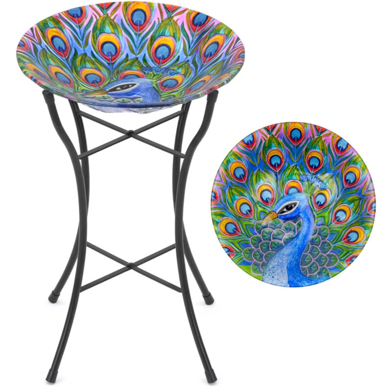 Image of Christow Glass Bird Bath Garden Outdoor Decoration Metal Stand Hand Painted Multi unisex