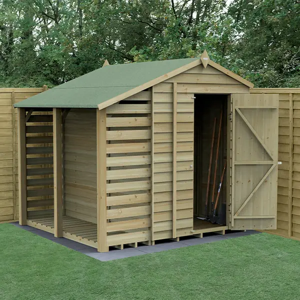 Image of 7' x 5' Forest 4Life 25yr Guarantee Overlap Pressure Treated Windowless Apex Wooden Shed with Lean To (2.18m x 2.3m)