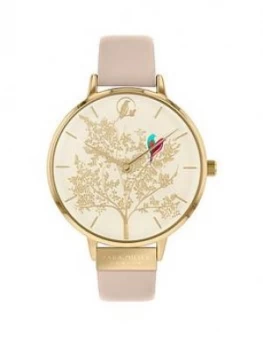 Image of Sara Miller Chelsea White and Gold Detail Love Birds 38mm Dial Nude Leather Strap Ladies Watch, One Colour, Women
