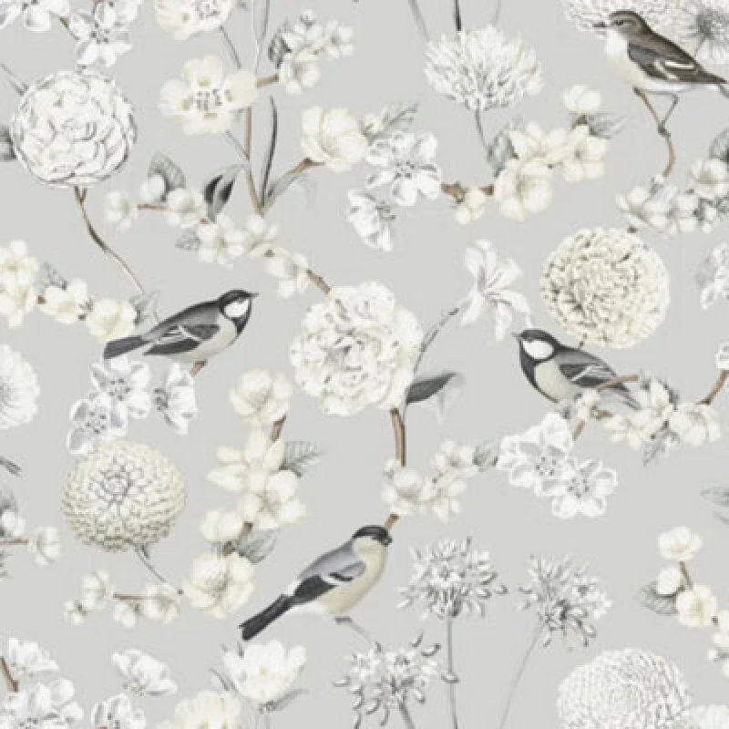 Image of Muriva Avery Grey And Cream Bird Print Floral Luxury Wallpaper 202501