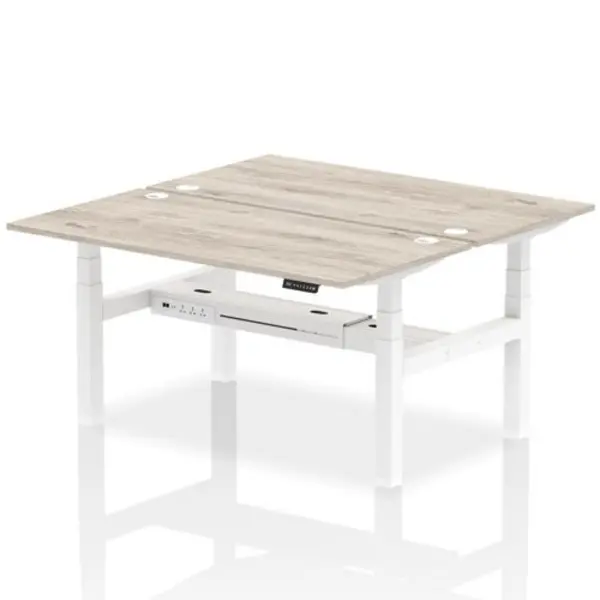 Image of Air Air Back-to-Back 1600 x 800mm Height Adjustable 2 Person Bench Desk Grey Oak Top with Cable Ports White Frame HASCP2P16800GRYW