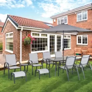 Image of Bali 11 Piece Textiline Garden Furniture Table & Chairs Set Parasol Footstool - Silver & Stone TJ Hughes