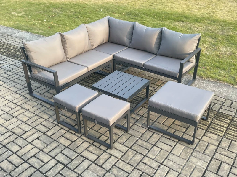 Image of Fimous Outdoor Garden Furniture Set Aluminium Lounge Sofa Square Coffee Table Sets with 3 Footstools Indoor Conservatory Set in Dark Grey Dark Grey Un